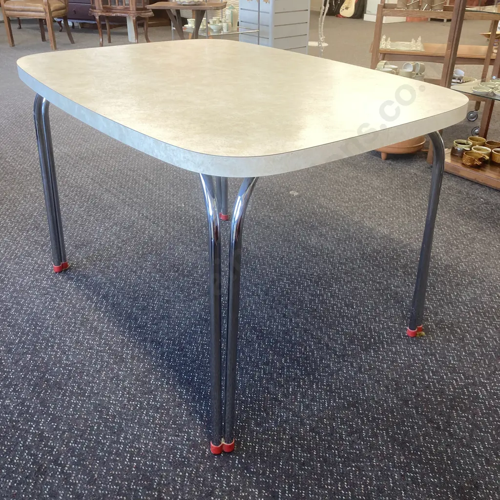 Retro Vintage Dining Table Cream Mottled Formica Top, Chrome 'Duo Legs' H77 W121 D88cm Image 1++