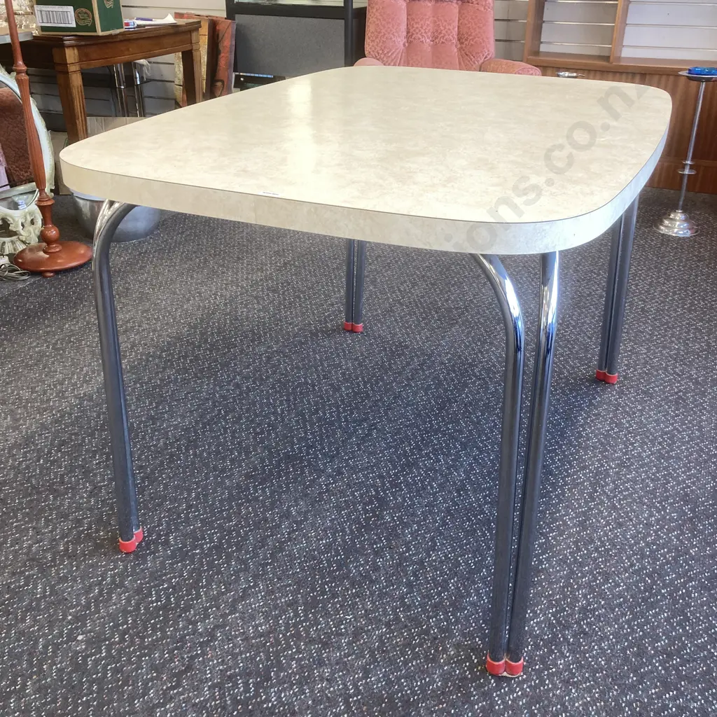 Retro Vintage Dining Table Cream Mottled Formica Top, Chrome 'Duo Legs' H77 W121 D88cm Image 1++