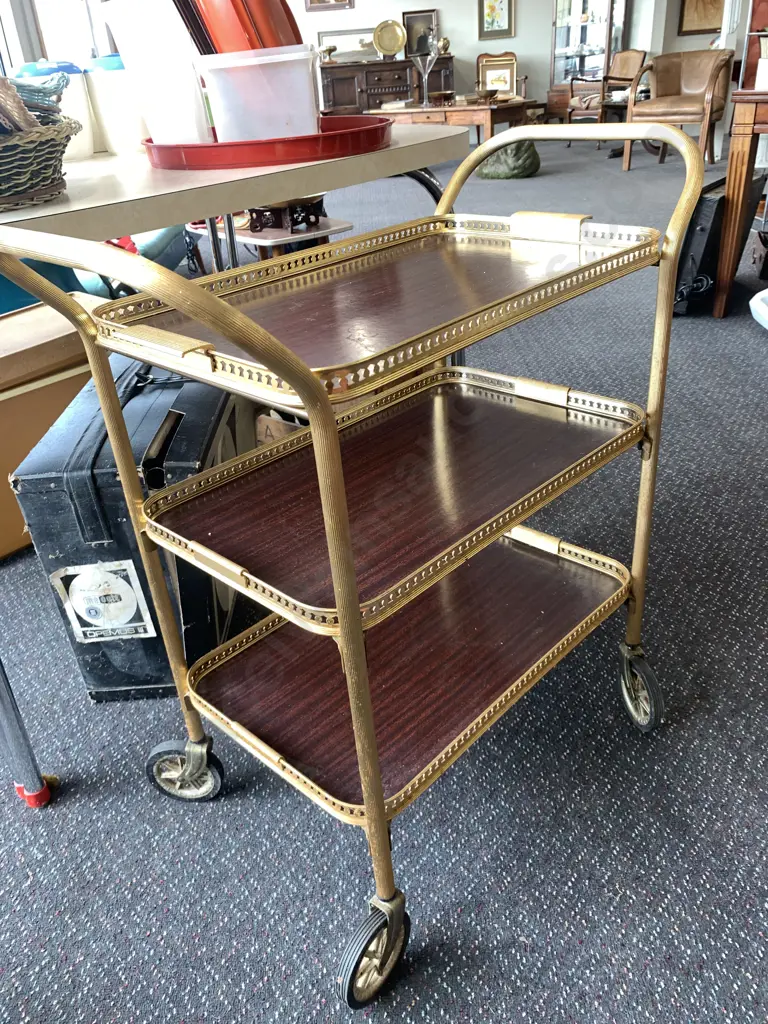 Retro Mobile Drinks Trolley, Gold Colour, Formica Insert, Lift Out Top Tray, H80 W74 D36cm Image 1++