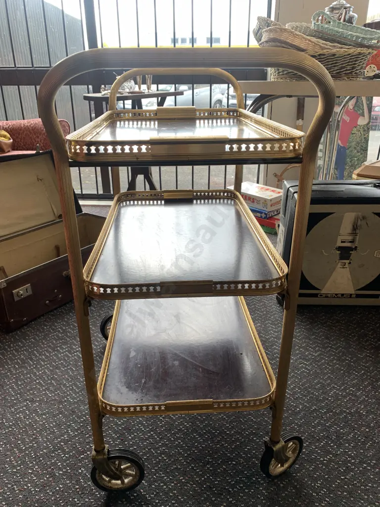 Retro Mobile Drinks Trolley, Gold Colour, Formica Insert, Lift Out Top Tray, H80 W74 D36cm Image 1++
