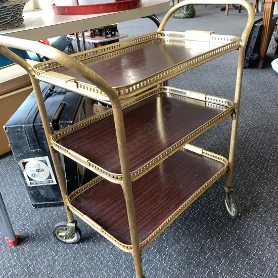 Retro Mobile Drinks Trolley, Gold Colour, Formica Insert, Lift Out Top Tray, H80 W74 D36cm
