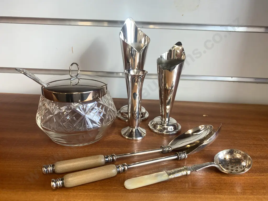 Assortment of Silver Plated Vases, Serving Cutlery, Sugar Bowl Image 1++