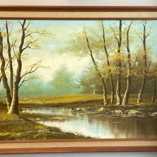 Original Landscape Artwork Signed By Artist In A Wooden Mid Century Style Frame, 72 x 102cm