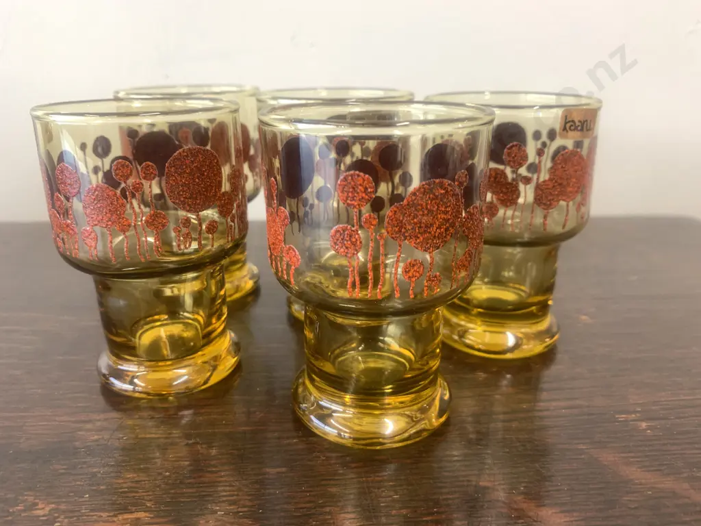 'Kaaru' Water Glasses With Mid Century Decal Honey Gold x5 H10cm Image 1++