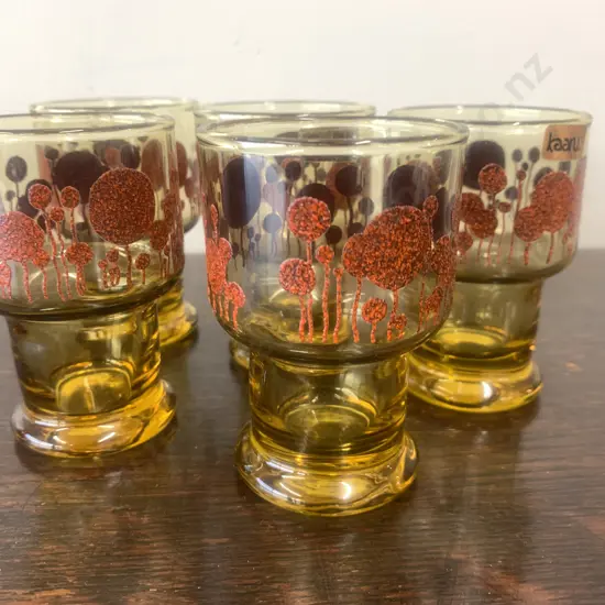 'Kaaru' Water Glasses With Mid Century Decal Honey Gold x5 H10cm