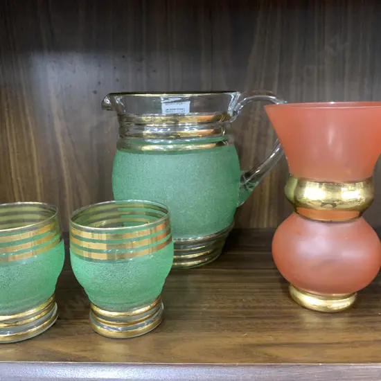Retro Green & Gilded Drinks Jug With 2 Matching Glasses, Salmon / Gold Coloured Vase