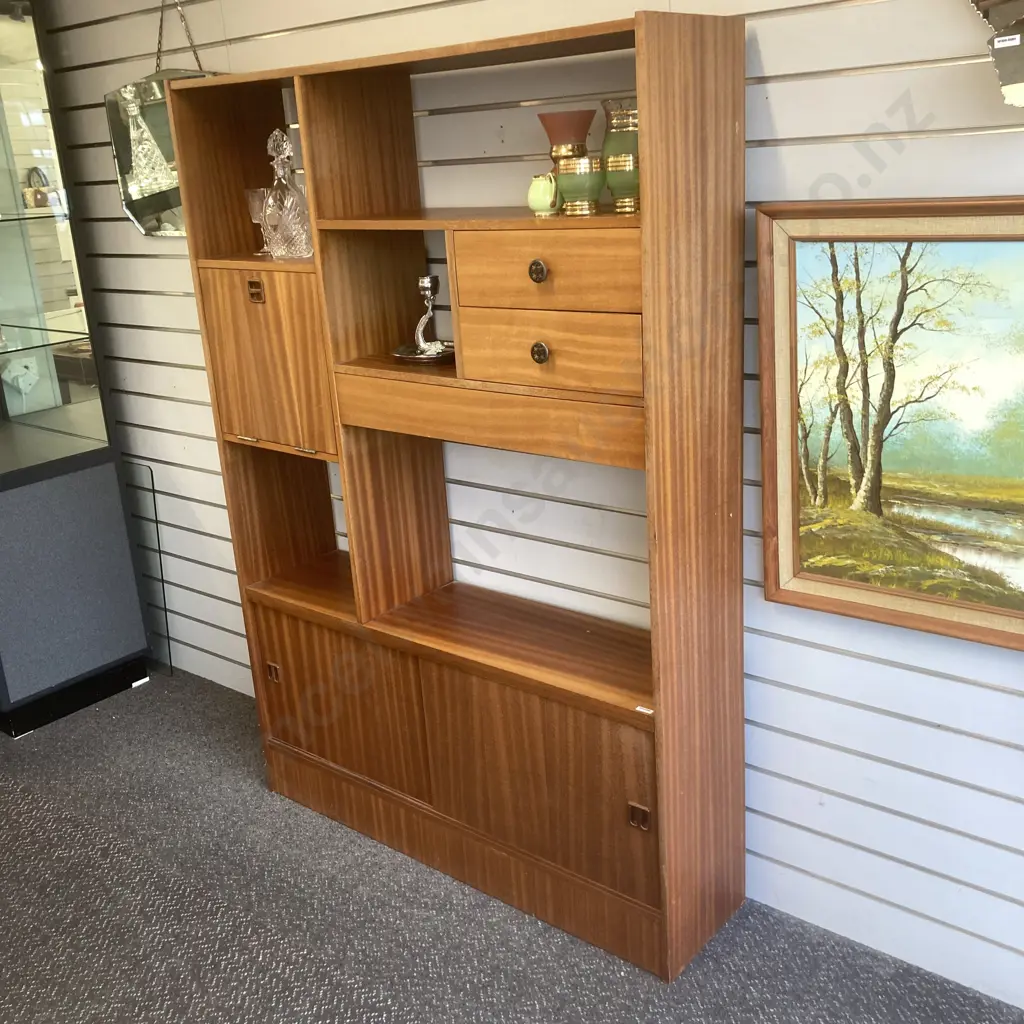 Mid Century Wall Unit, 2 Drawer, 1 Hidden Drawer, Sliding Doors At Base, Drop Down Drinks Cabinet, H172 W120 D30cm Image 1++
