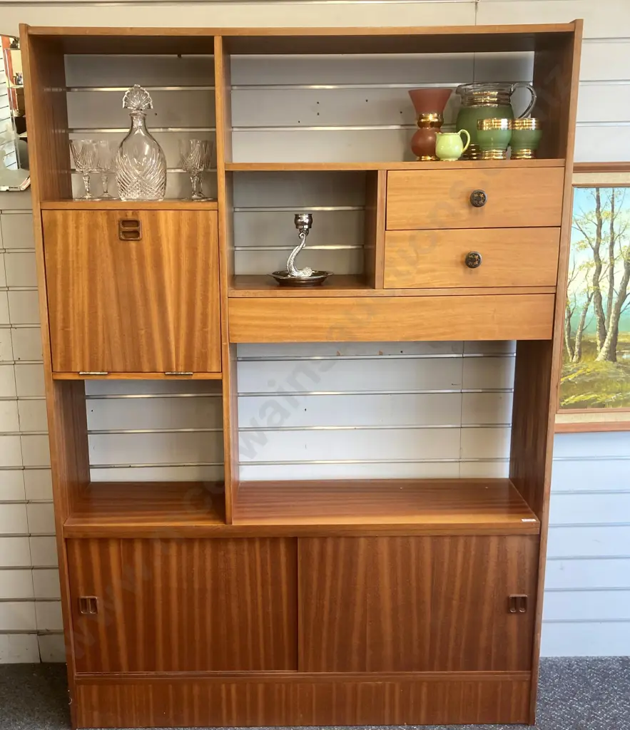 Mid Century Wall Unit, 2 Drawer, 1 Hidden Drawer, Sliding Doors At Base, Drop Down Drinks Cabinet, H172 W120 D30cm Image 1++
