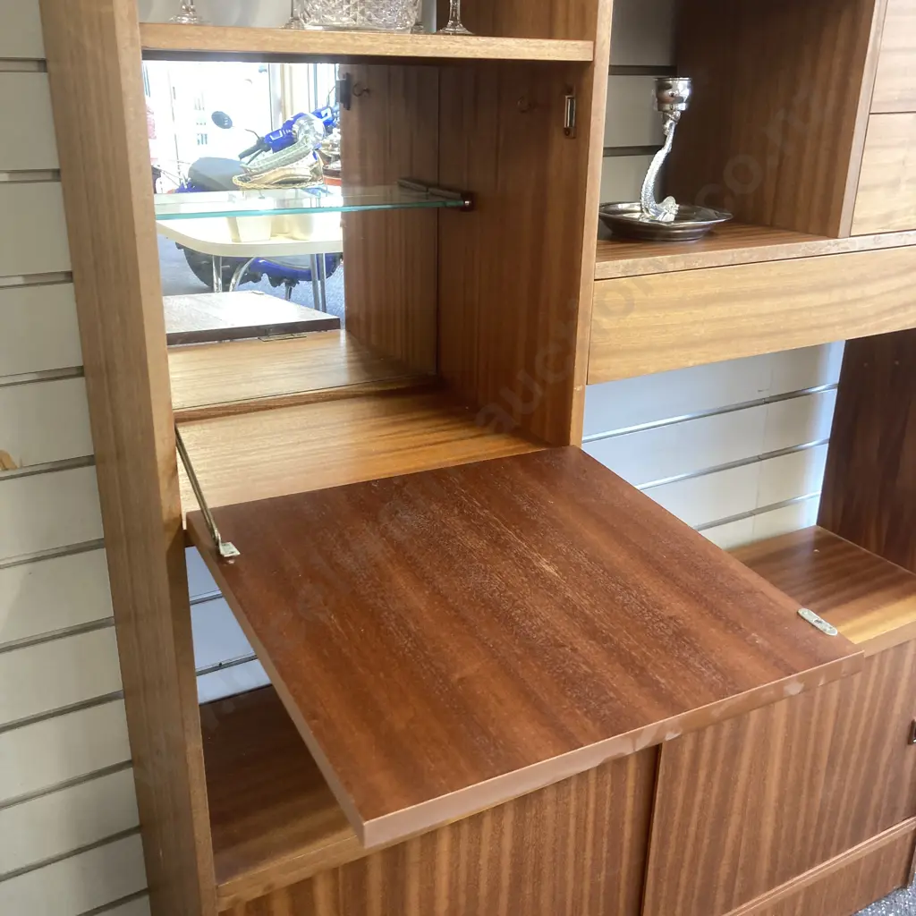 Mid Century Wall Unit, 2 Drawer, 1 Hidden Drawer, Sliding Doors At Base, Drop Down Drinks Cabinet, H172 W120 D30cm Image 1++