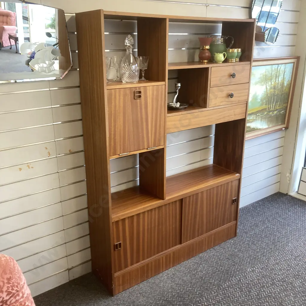 Mid Century Wall Unit, 2 Drawer, 1 Hidden Drawer, Sliding Doors At Base, Drop Down Drinks Cabinet, H172 W120 D30cm Image 1++