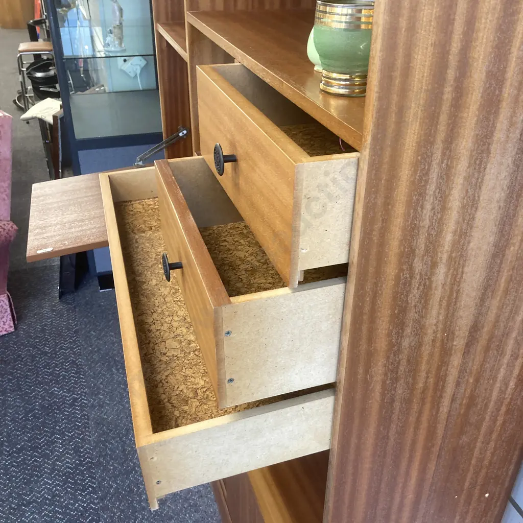 Mid Century Wall Unit, 2 Drawer, 1 Hidden Drawer, Sliding Doors At Base, Drop Down Drinks Cabinet, H172 W120 D30cm Image 1++