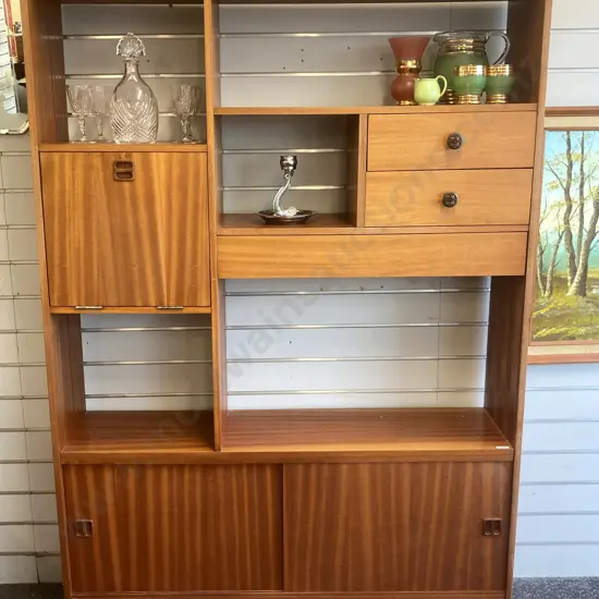 Mid Century Wall Unit, 2 Drawer, 1 Hidden Drawer, Sliding Doors At Base, Drop Down Drinks Cabinet, H172 W120 D30cm