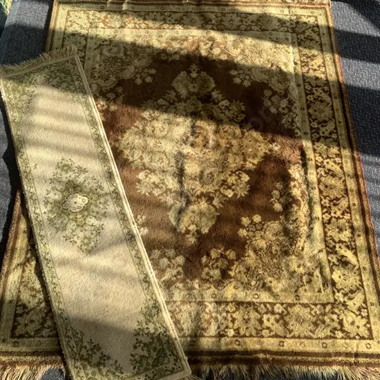 Vintage Floor Runners 1x Brown/Gold/Cream Tones L105cm,W50cm 1x Green/Brown/Cream Tones L98cm,W38cm