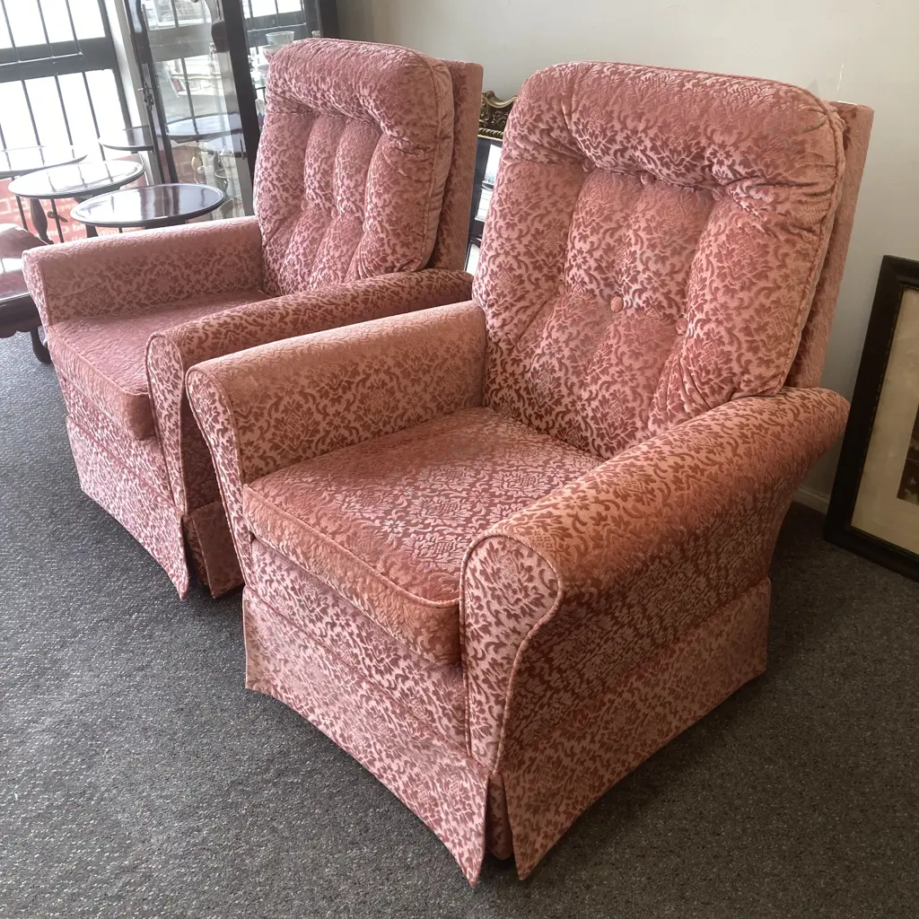 Pair of Vintage Rocker Lounge Chairs, Salmon Colour Draylon Image 1++