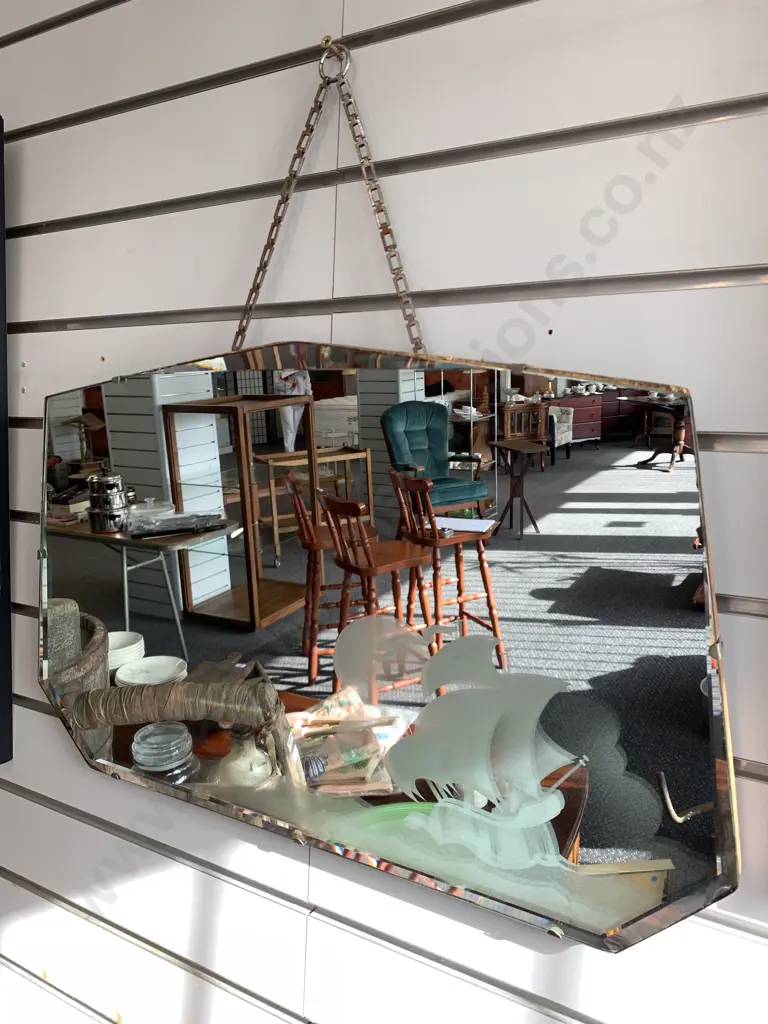 Vintage Retro Wall Mirror, Bevelled Edge With Frosted Etched Sailing Ship, 40 x 65cm Image 1++