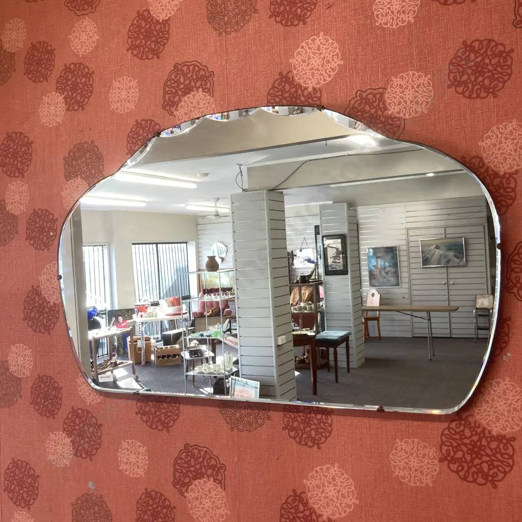 Vintage Bevelled Edge Mirror With Ornate Scalloped & Domed Top, 46 x 76cm Image 1++