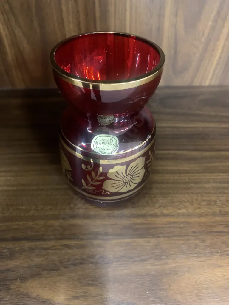 Vintage Bohemia Glass Vase With Red & Gilded Detail, H12cm Image 1++
