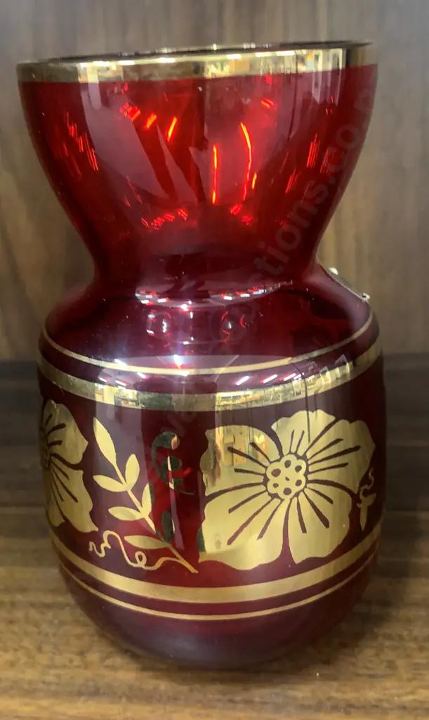 Vintage Bohemia Glass Vase With Red & Gilded Detail, H12cm Image 1++