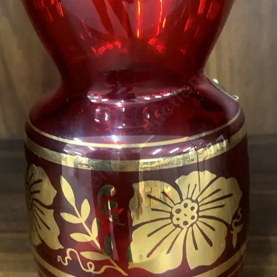 Vintage Bohemia Glass Vase With Red & Gilded Detail, H12cm