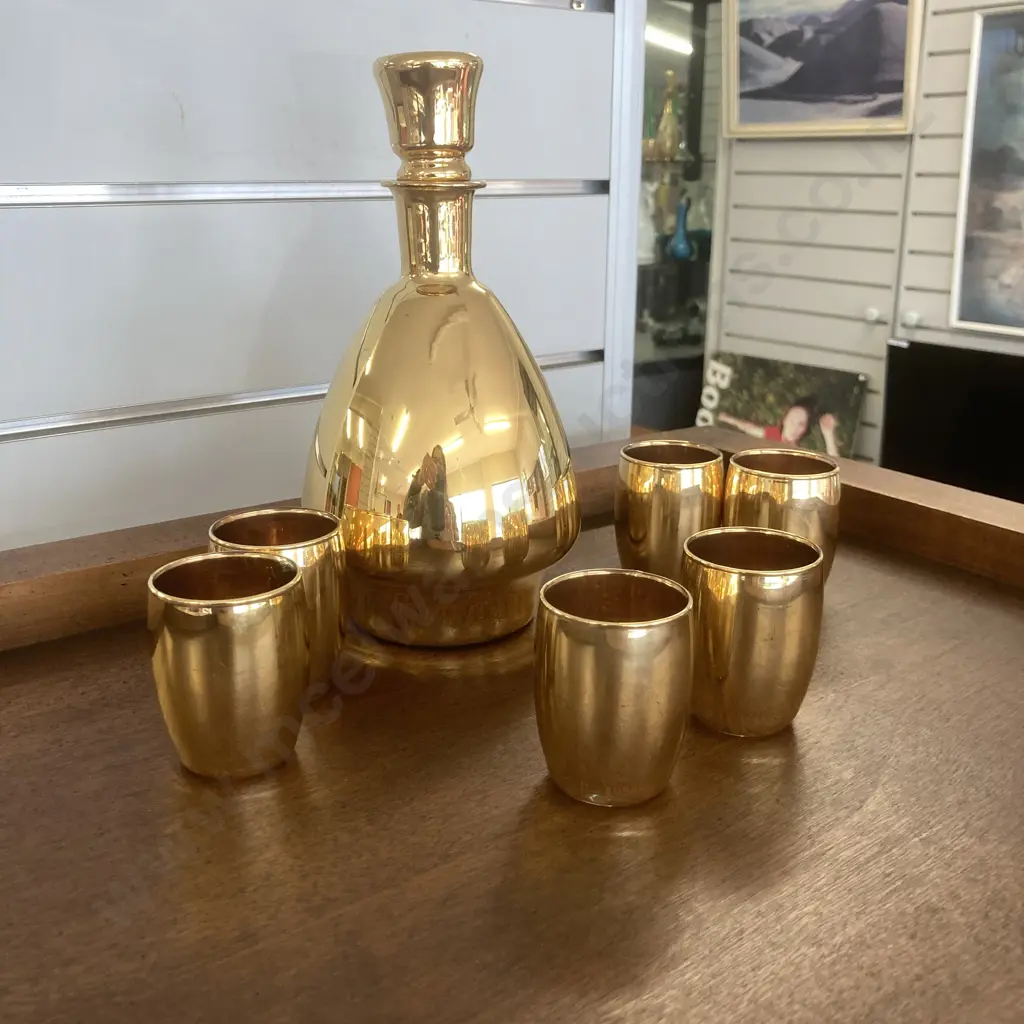 Stunning Glass Decanter H23cm And Six Glasses Gold Colour Over Glass Image 1++