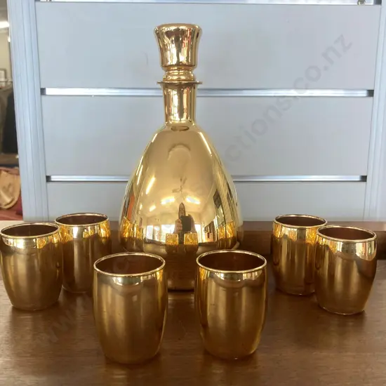 Stunning Glass Decanter H23cm And Six Glasses Gold Colour Over Glass