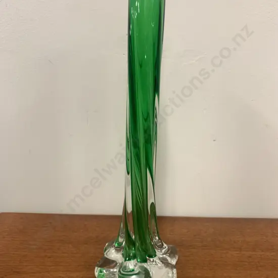Modern Mid Century Glass Twist Bud Vase, Green Glass