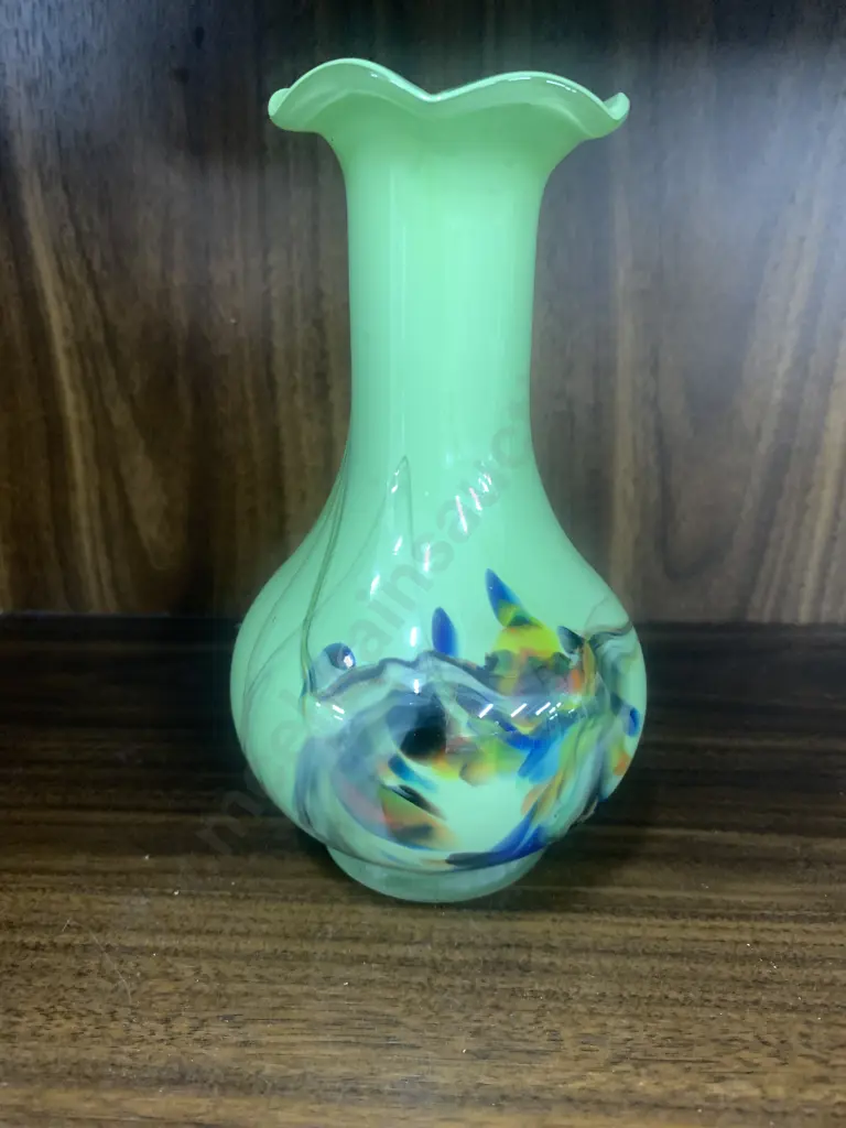 Art Glass, Green Scalloped Rim, Multi Coloured Detail, H15cm Image 1++