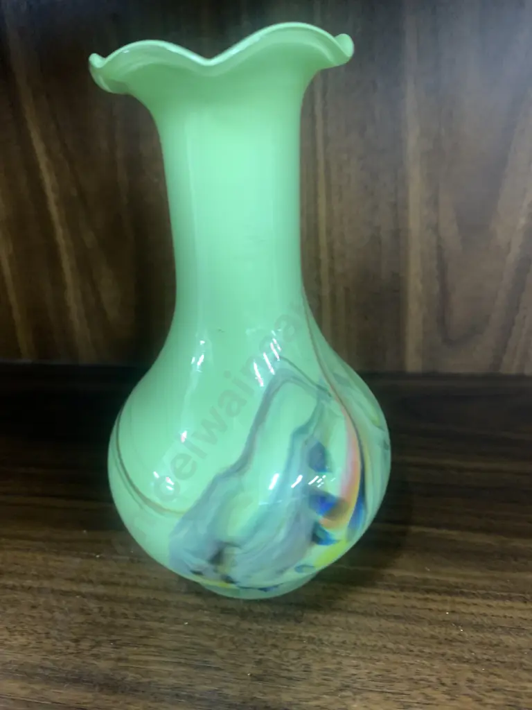 Art Glass, Green Scalloped Rim, Multi Coloured Detail, H15cm Image 1++