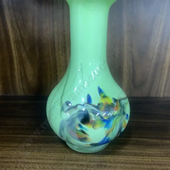 Art Glass, Green Scalloped Rim, Multi Coloured Detail, H15cm