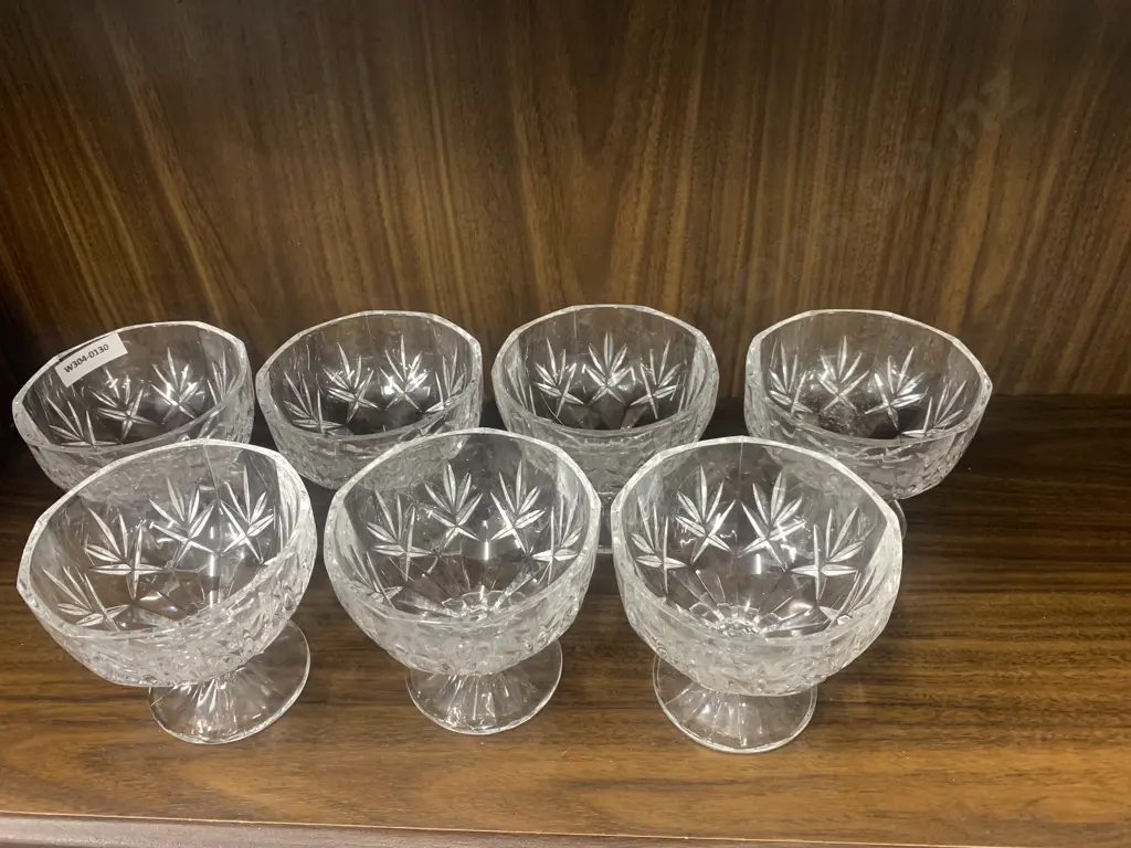 Art Nouveau Heavy Cut Footed Crystal Sundae Dishes, Set of 7 Image 1++
