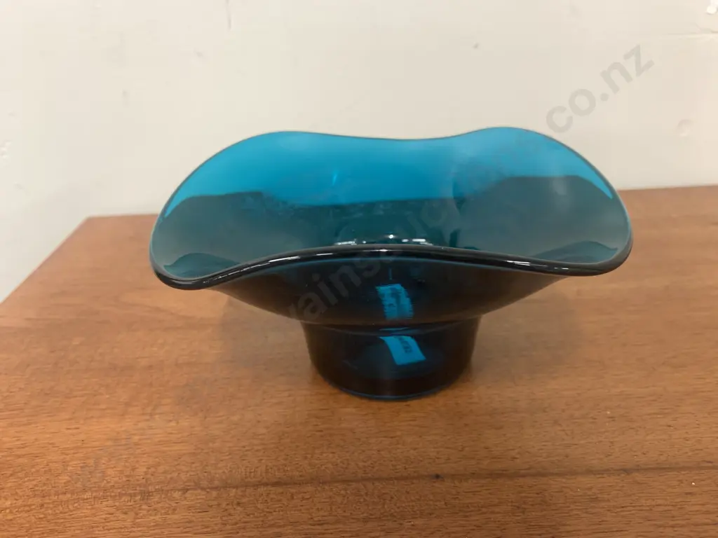Mid Century Blue Glass Bowl With Ruffle Edge Design Image 1++