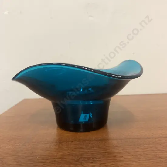 Mid Century Blue Glass Bowl With Ruffle Edge Design