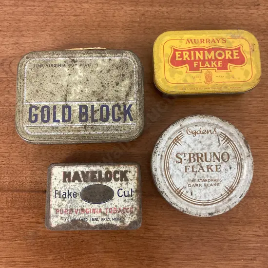 Vintage Tobacco Tins, Gold Block Fine Virginia Cut Plug, Havelock Flake Cut, Ogdens St Bruno Flake & Erinmore Flake