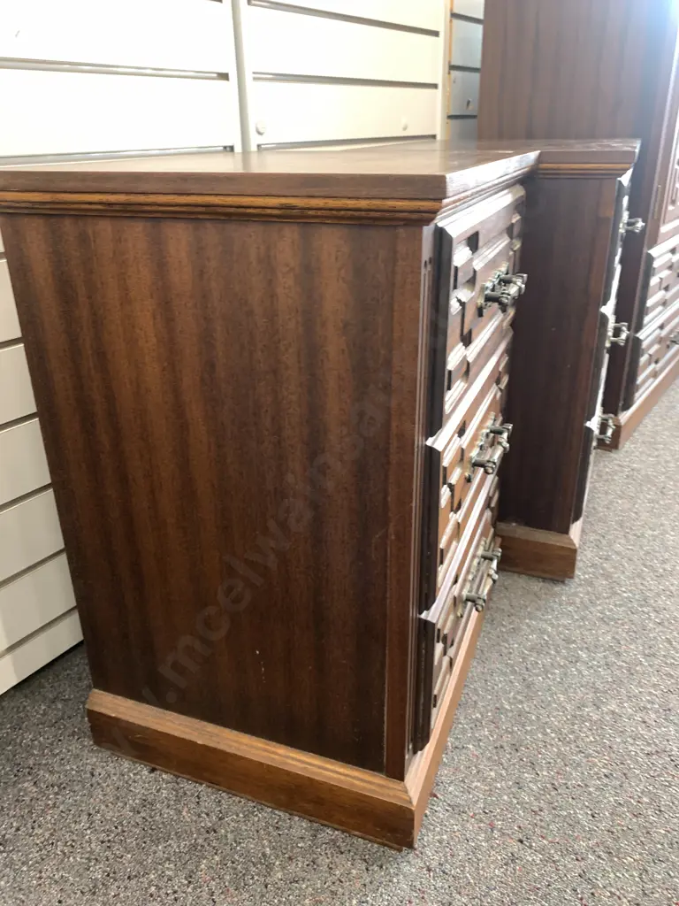 Pair of Mid Century Bedside Cabinets 3 Drawer, Carved With Ornate Handles, H68 W54.5 D42cm Image 1++