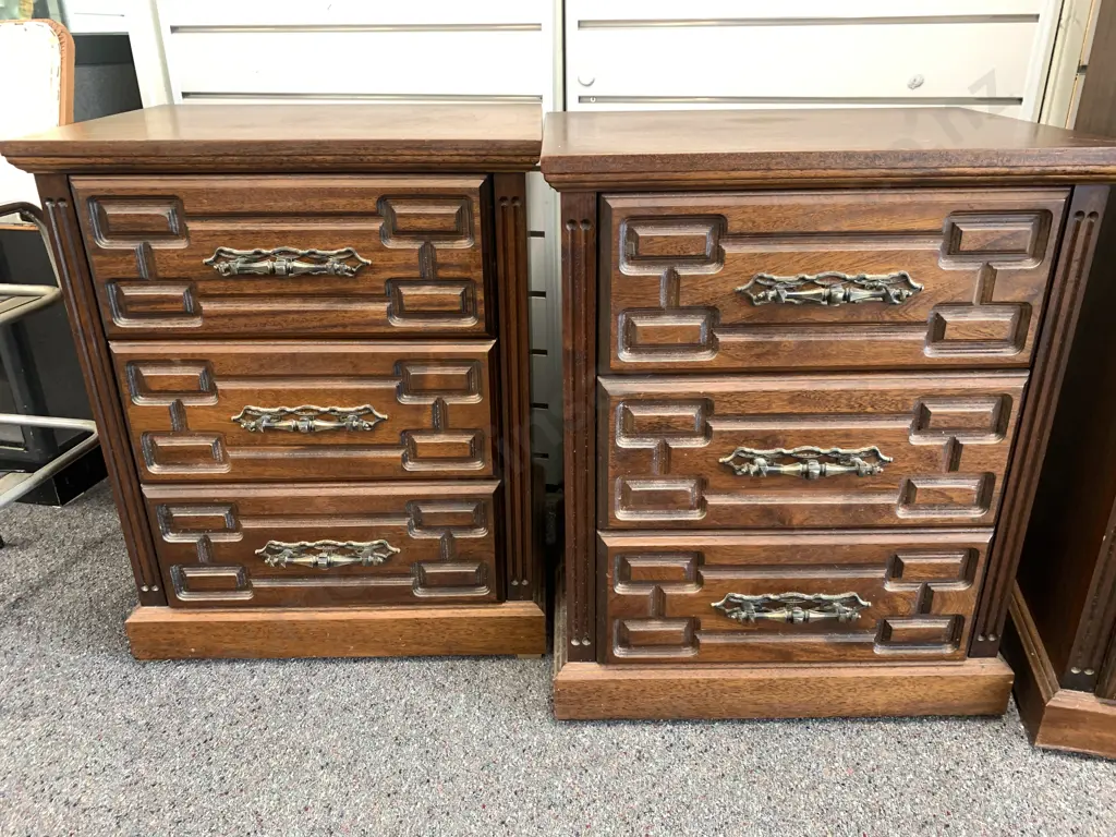 Pair of Mid Century Bedside Cabinets 3 Drawer, Carved With Ornate Handles, H68 W54.5 D42cm Image 1++