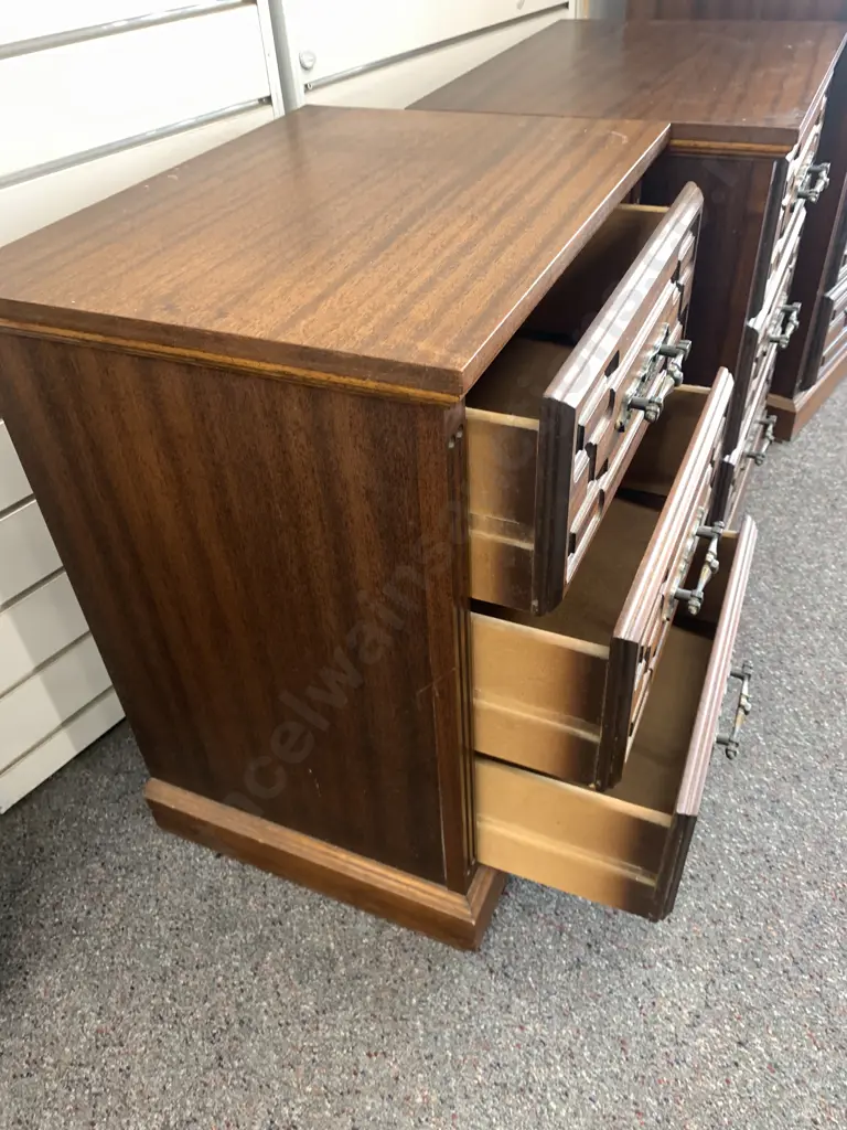 Pair of Mid Century Bedside Cabinets 3 Drawer, Carved With Ornate Handles, H68 W54.5 D42cm Image 1++