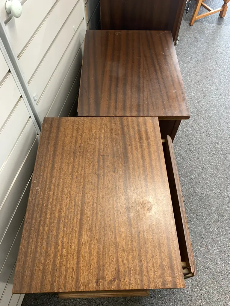 Pair of Mid Century Bedside Cabinets 3 Drawer, Carved With Ornate Handles, H68 W54.5 D42cm Image 1++