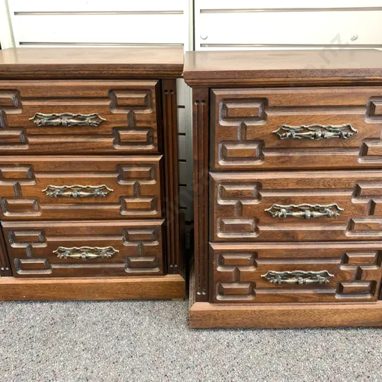 Pair of Mid Century Bedside Cabinets 3 Drawer, Carved With Ornate Handles, H68 W54.5 D42cm