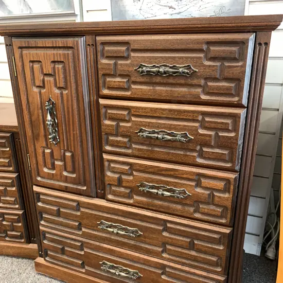 Mid Century Tallboy, 5 Drawer, Single Door, Carved With Ornate Handles, H103.5 W86 D41cm