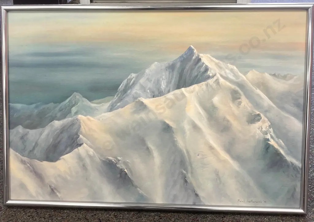 Framed Artwork by Mabel Heatherwick '88 of a Snow Covered Mountain Range, 50 x 76cm Image 1++