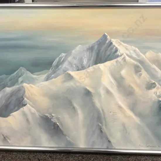 Framed Artwork by Mabel Heatherwick '88 of a Snow Covered Mountain Range, 50 x 76cm