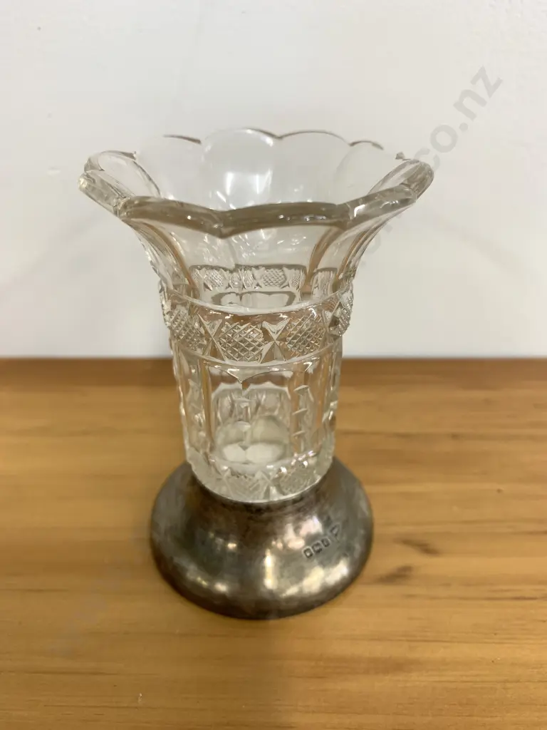Cut Glass Vase With Hallmarked Silver Base H10cm Image 1++
