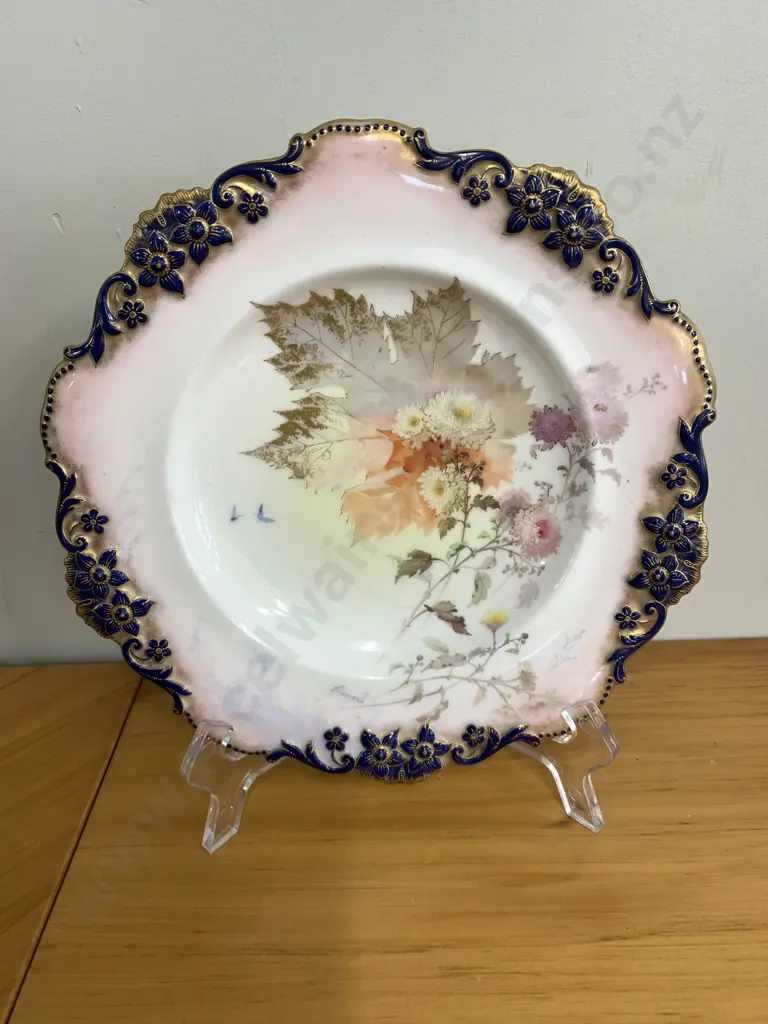 Antique Doulton Burslem Plate Signed F Hancock Colbalt Blue Floral / Gilding Detail On Edge Diam 23cm Image 1++
