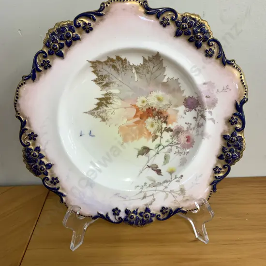 Antique Doulton Burslem Plate Signed F Hancock Colbalt Blue Floral / Gilding Detail On Edge Diam 23cm