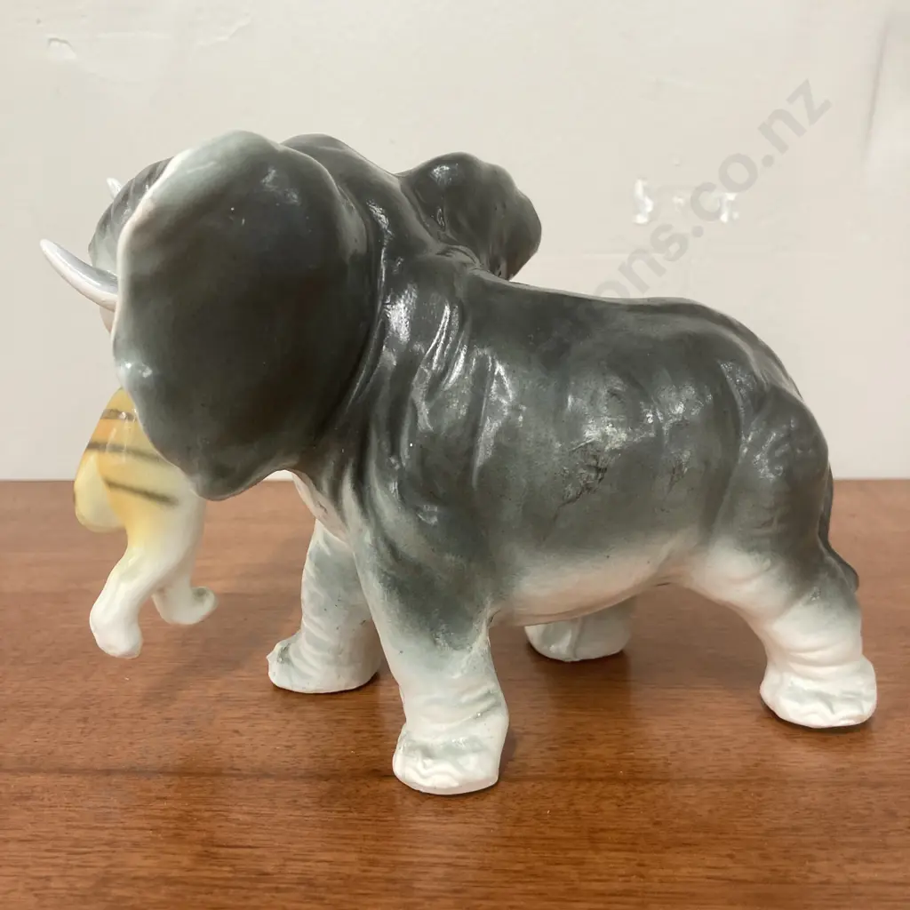 Vintage Elephant & Tiger Hand Painted Ceramic Figurine, Grizelle Japan c1950, 14 x 20cm Image 1++