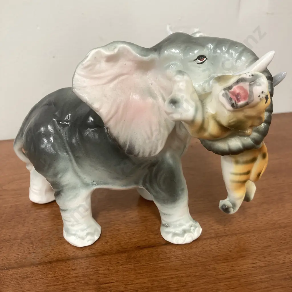 Vintage Elephant & Tiger Hand Painted Ceramic Figurine, Grizelle Japan c1950, 14 x 20cm Image 1++