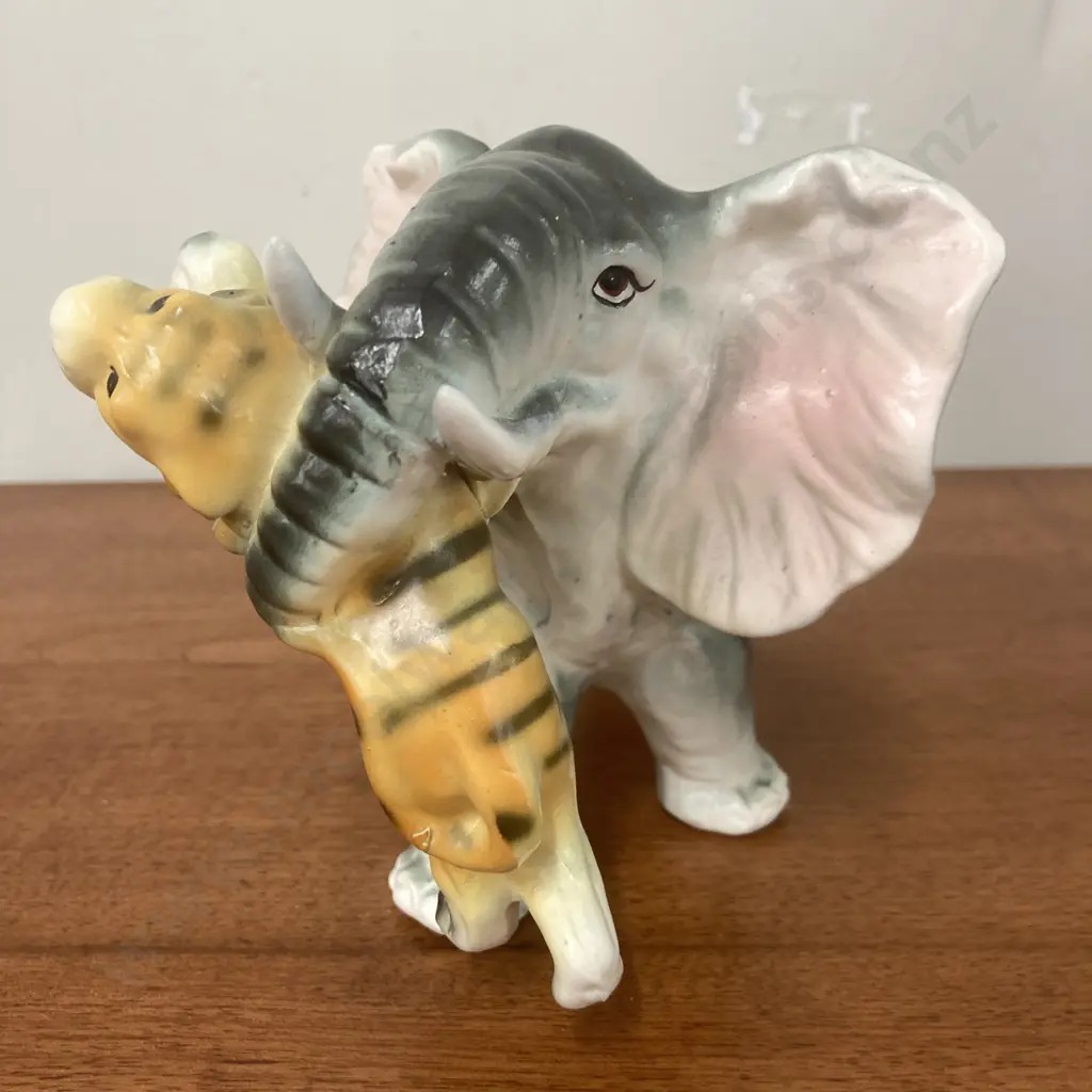 Vintage Elephant & Tiger Hand Painted Ceramic Figurine, Grizelle Japan c1950, 14 x 20cm Image 1++