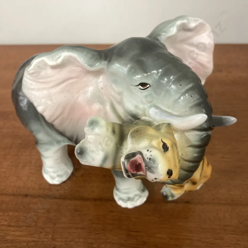 Vintage Elephant & Tiger Hand Painted Ceramic Figurine, Grizelle Japan c1950, 14 x 20cm Image 1++