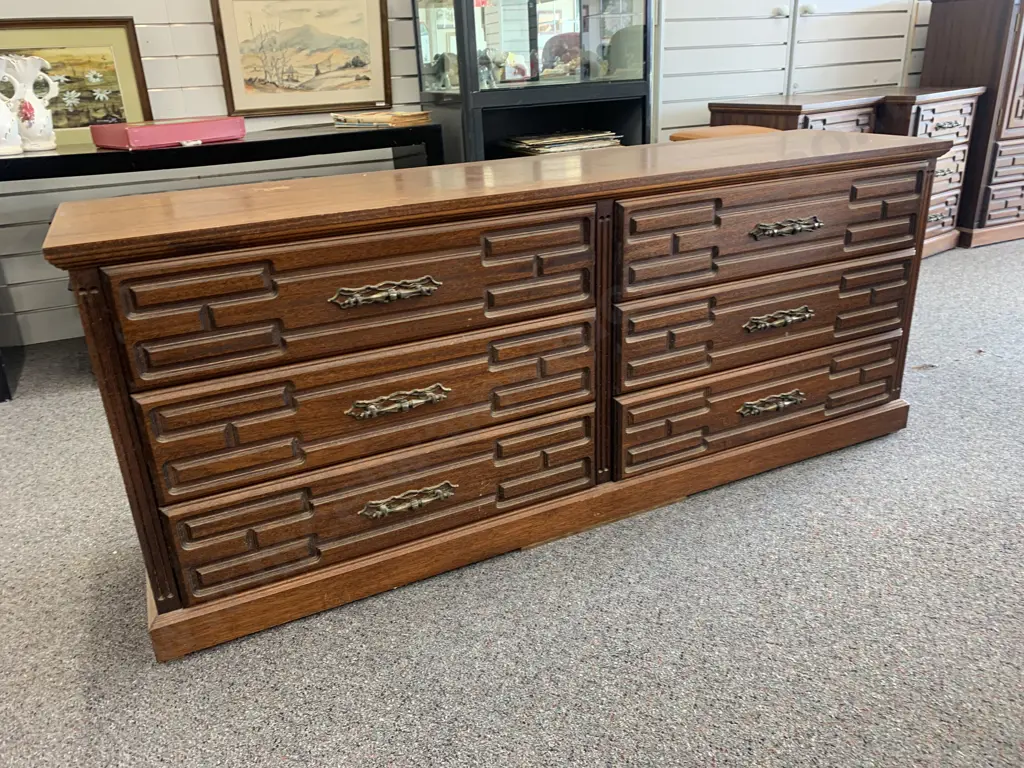 Mahogany 6 Drawer Lowboy, Ornate Handles, Sendrita Suite By Dj Collings Ltd Image 1++