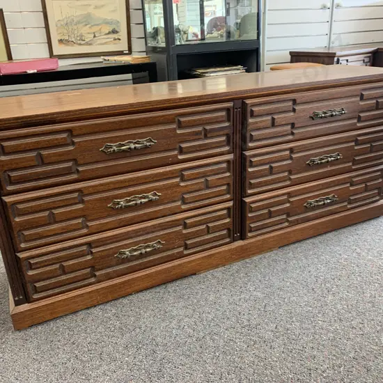 Mahogany 6 Drawer Lowboy, Ornate Handles, Sendrita Suite By Dj Collings Ltd